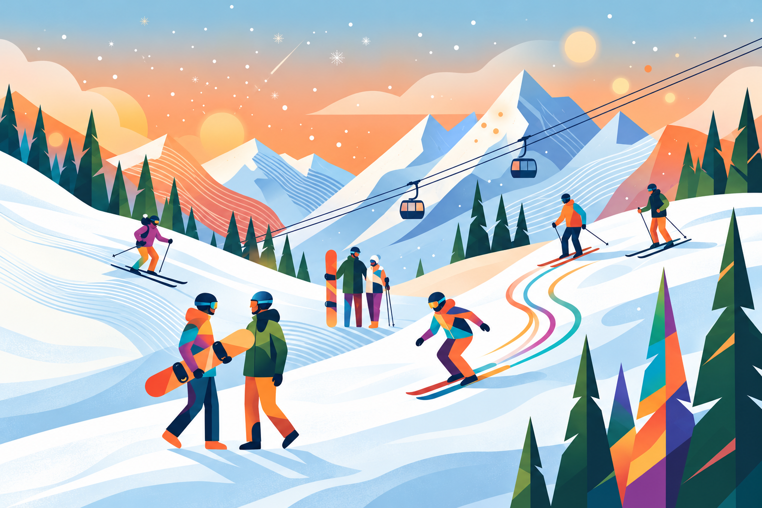 An inclusive ski and snowboard community carving their own paths through a colourful mountain landscape.